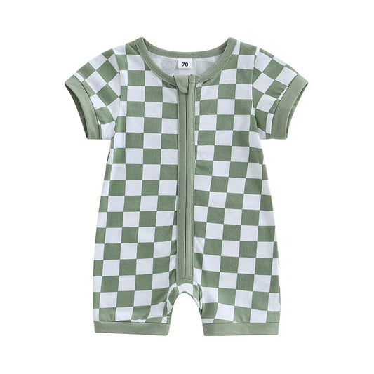 Kurzarm Kariertes Baby Overall mit Reißverschluss